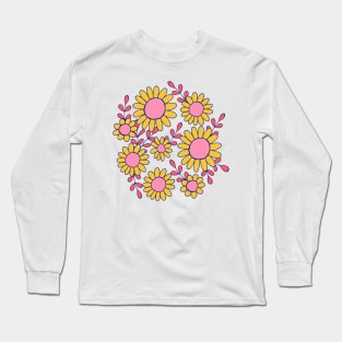 Retro 70s daisy flowers botanical design in blue, pink and yellow Long Sleeve T-Shirt